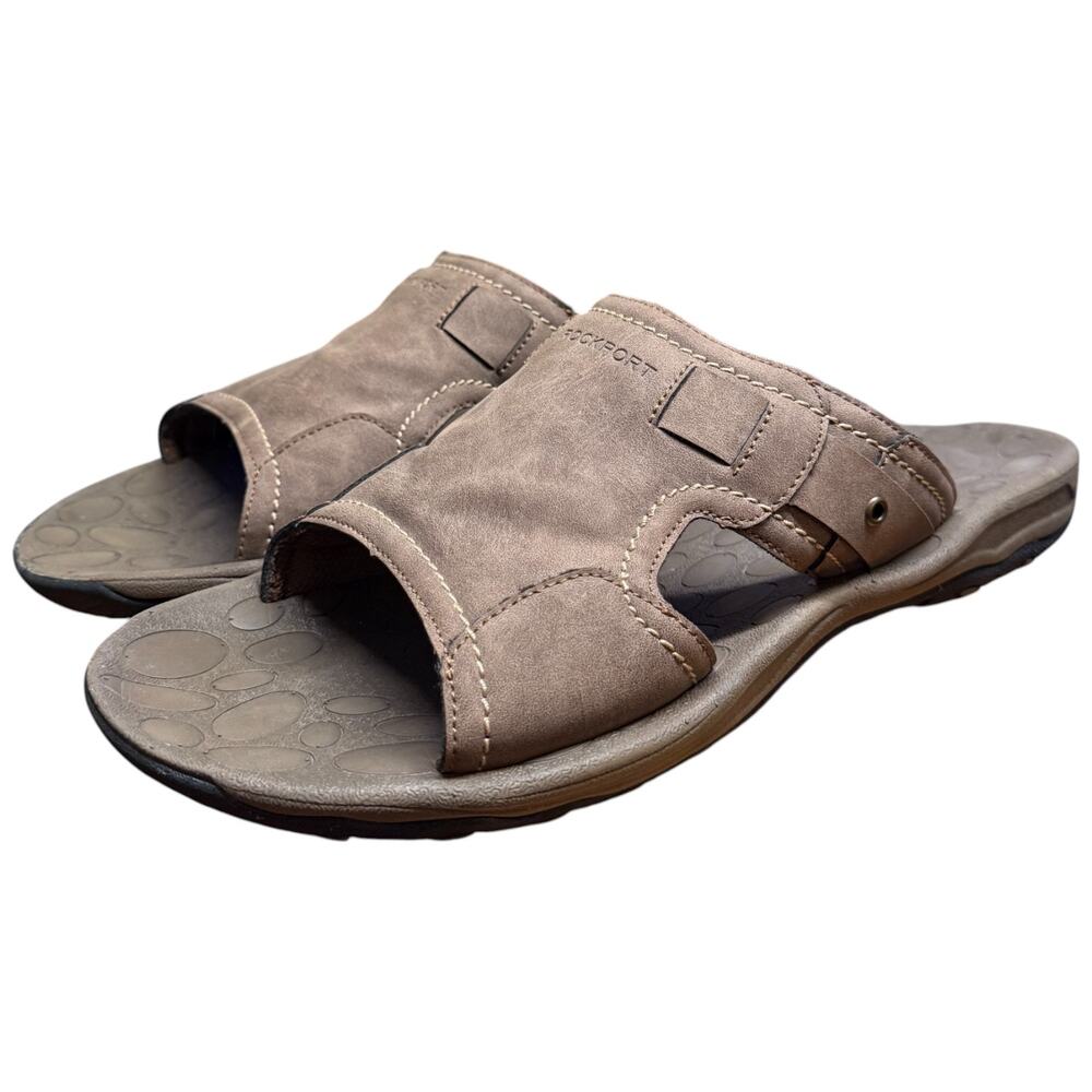 ROCKPORT Hayes Comfort Slides Men's 13 Brown Leather Sandals Casual